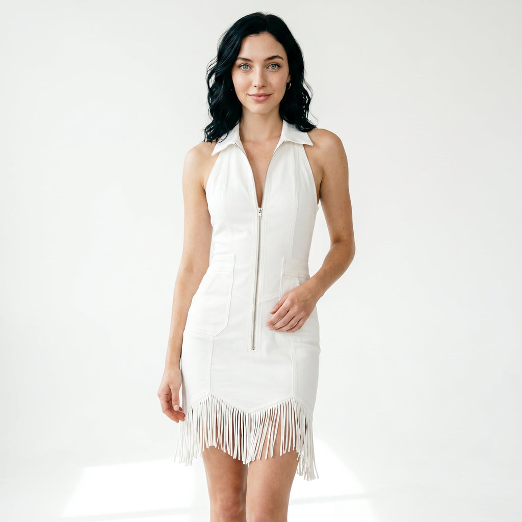 Vestido mini con cremallera y flecos