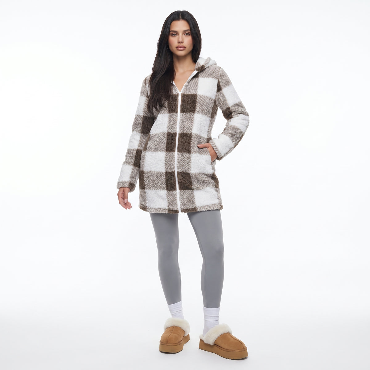 CARREAUPOLAIRE | CHAQUETA SHERPA A CUADROS CON CAPUCHA