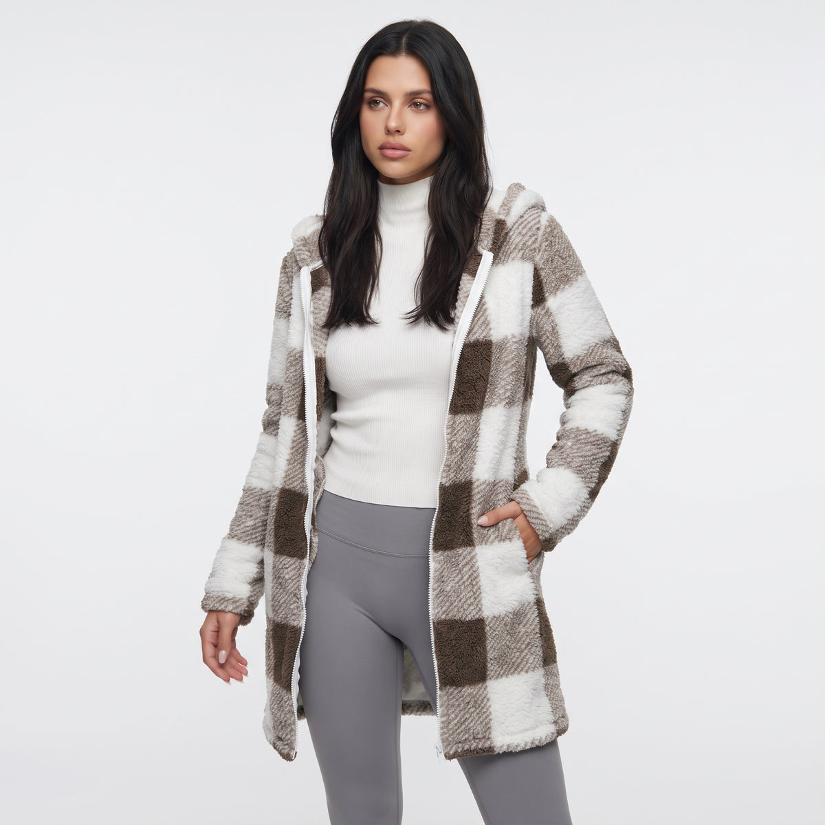 CARREAUPOLAIRE | CHAQUETA SHERPA A CUADROS CON CAPUCHA