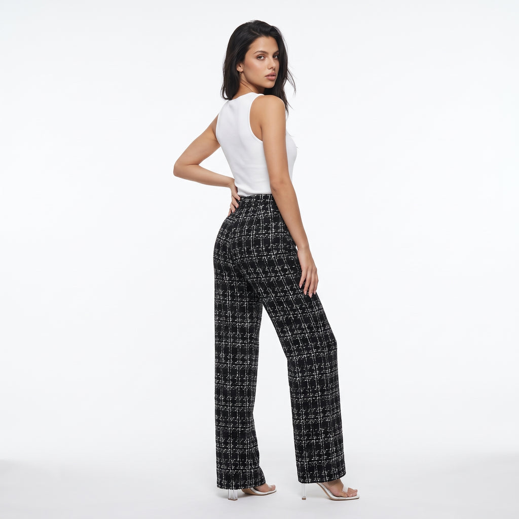 EVASELLE | PANTALON ACAMPANADO DE TWEED A CUADROS