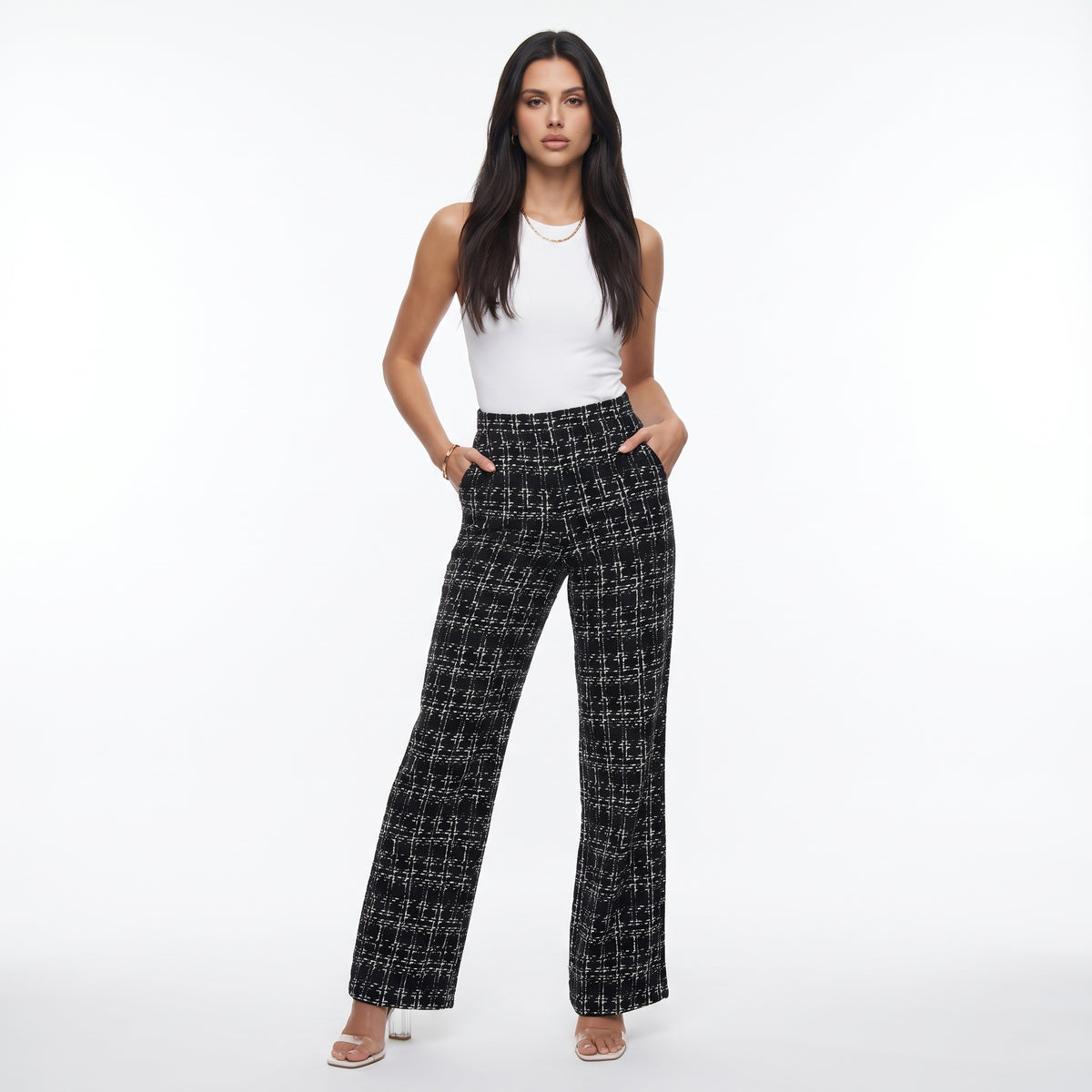EVASELLE | PANTALON ACAMPANADO DE TWEED A CUADROS