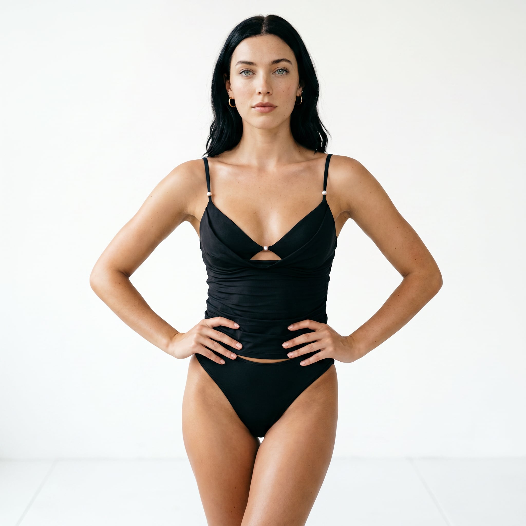 Set Tankini Negro Acanalado de Dos Piezas Falso