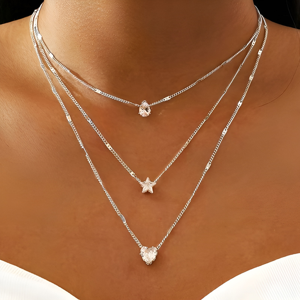 Elegante cadena de Corazon, Estrella y Gema