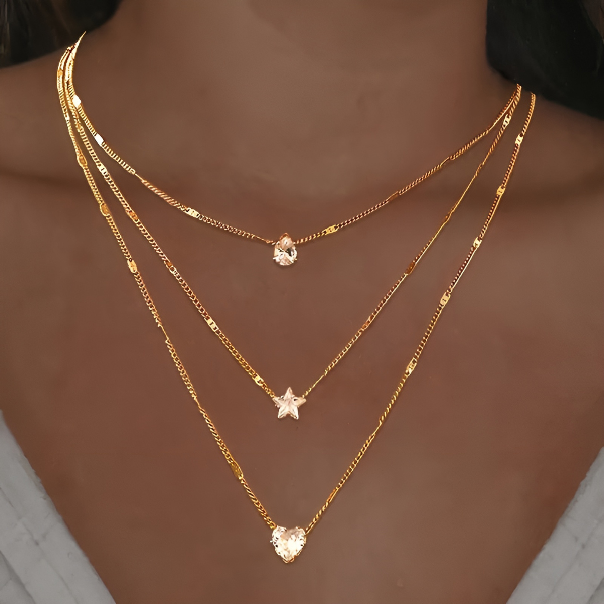 Elegante cadena de Corazon, Estrella y Gema