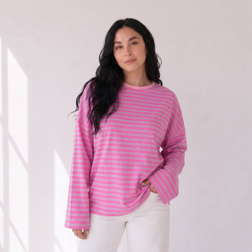 CAMISETA DE MANGA LARGA A RAYAS SUAVES EN COLOR BUBBLEGUM