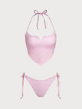 Set Tankini Vintage de Triángulo a Cuadros Combinados en Rosa