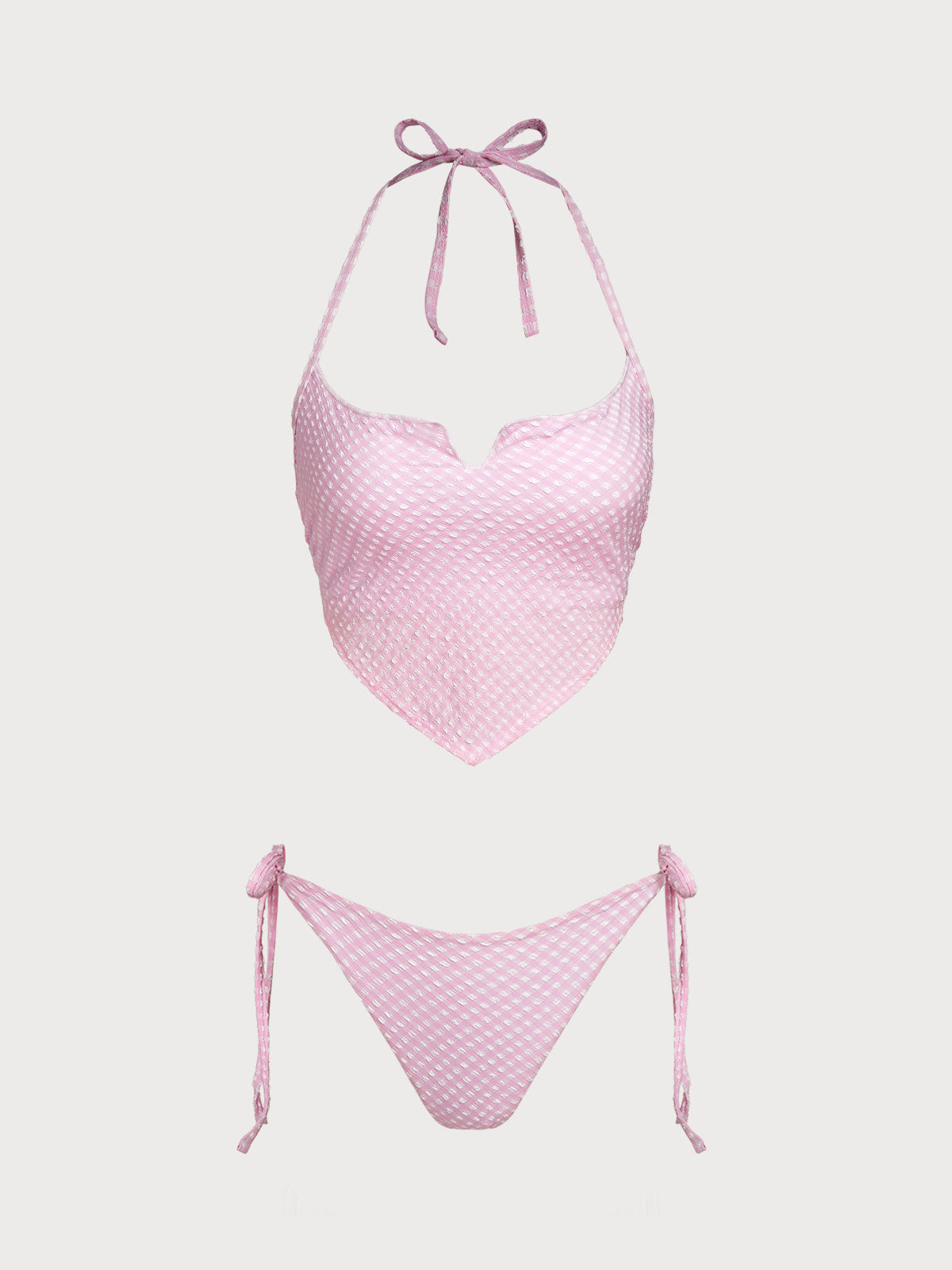 Set Tankini Vintage de Triángulo a Cuadros Combinados en Rosa