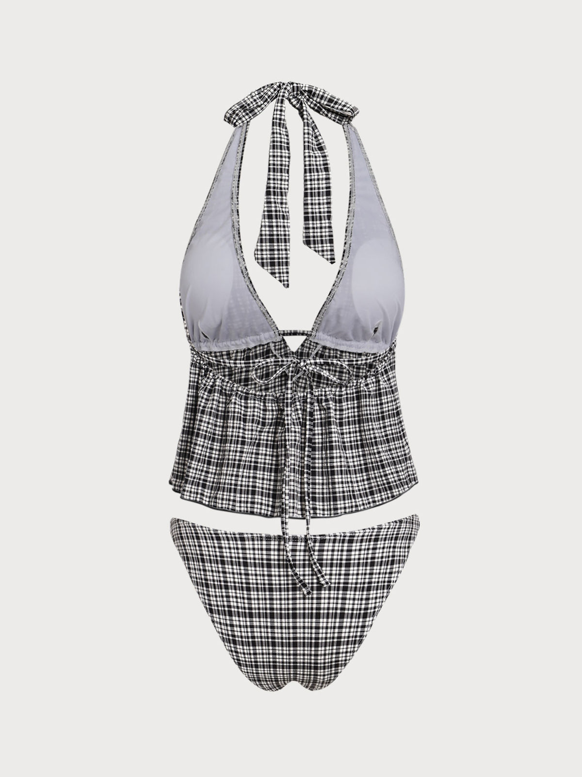 Set Tankini Gris Oscuro con Escote en V Profundo y Estampado de Cuadros