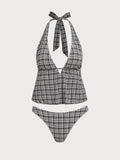 Set Tankini Gris Oscuro con Escote en V Profundo y Estampado de Cuadros