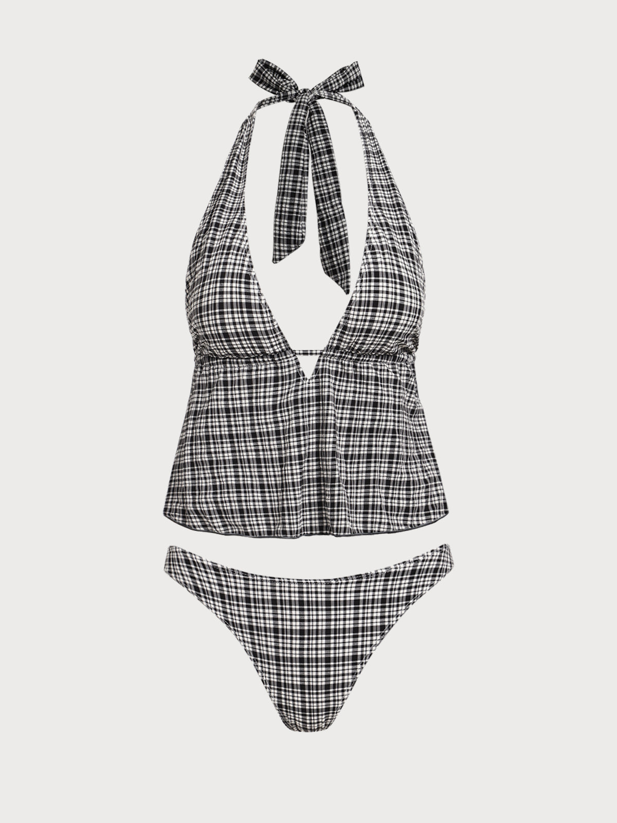 Set Tankini Gris Oscuro con Escote en V Profundo y Estampado de Cuadros