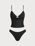 Set Tankini Negro Acanalado de Dos Piezas Falso