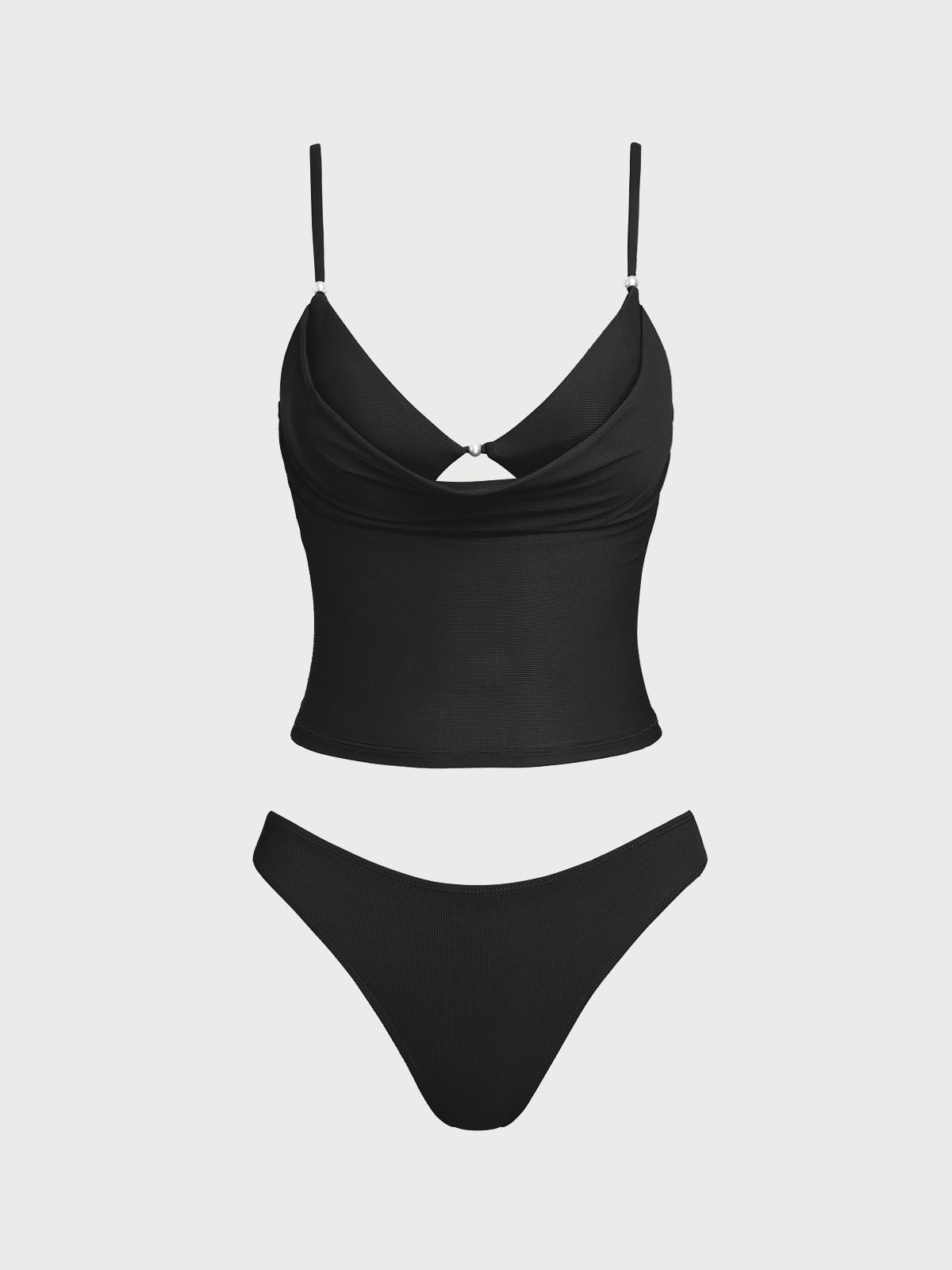 Set Tankini Negro Acanalado de Dos Piezas Falso