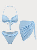 Set Bikini Azul con Amarre Frontal y Volantes