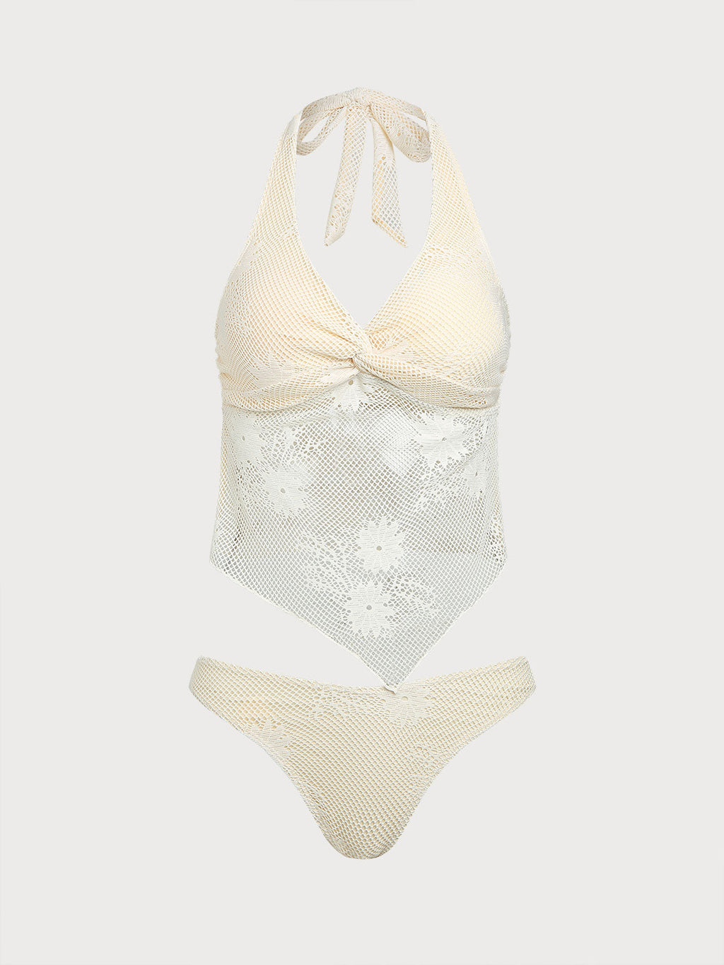 Set Tankini de Malla Beige con Dobladillo Asimétrico