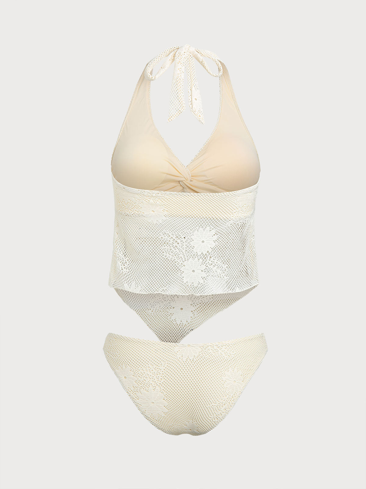 Set Tankini de Malla Beige con Dobladillo Asimétrico