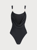 Traje de Baño Entero Negro con Escote en U y Pedrería