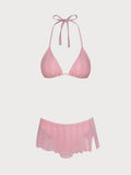 Set Bikini con Falda en Rosa Palo con Hilo Plateado