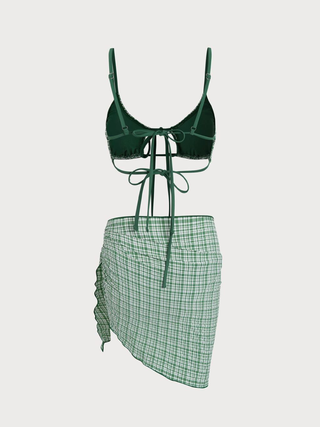 Set Bikini de Tres Piezas a Cuadros Verde con Amarre Frontal