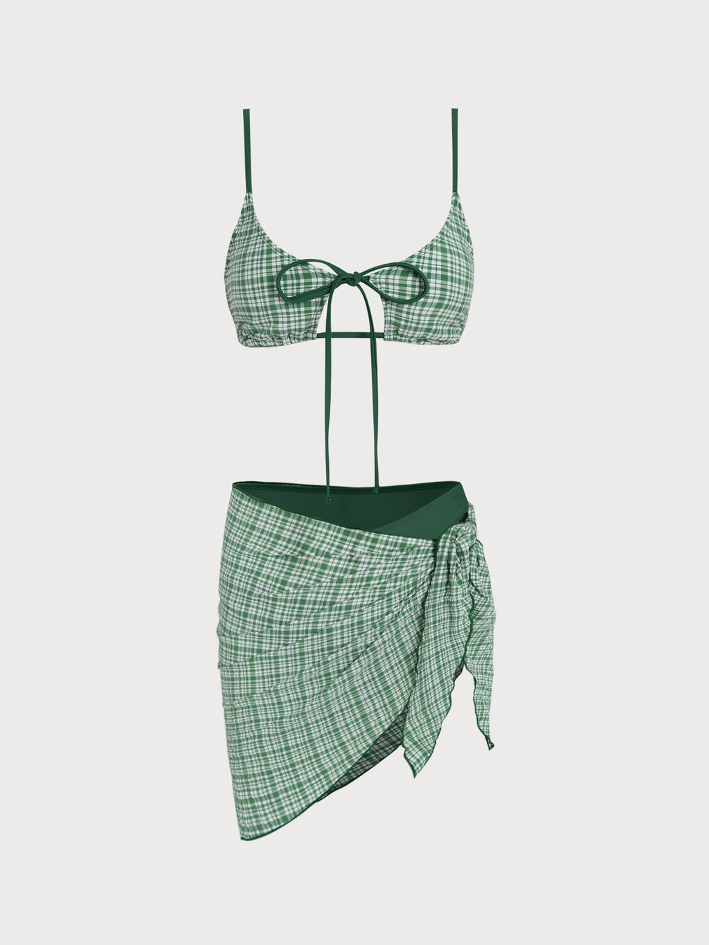 Set Bikini de Tres Piezas a Cuadros Verde con Amarre Frontal
