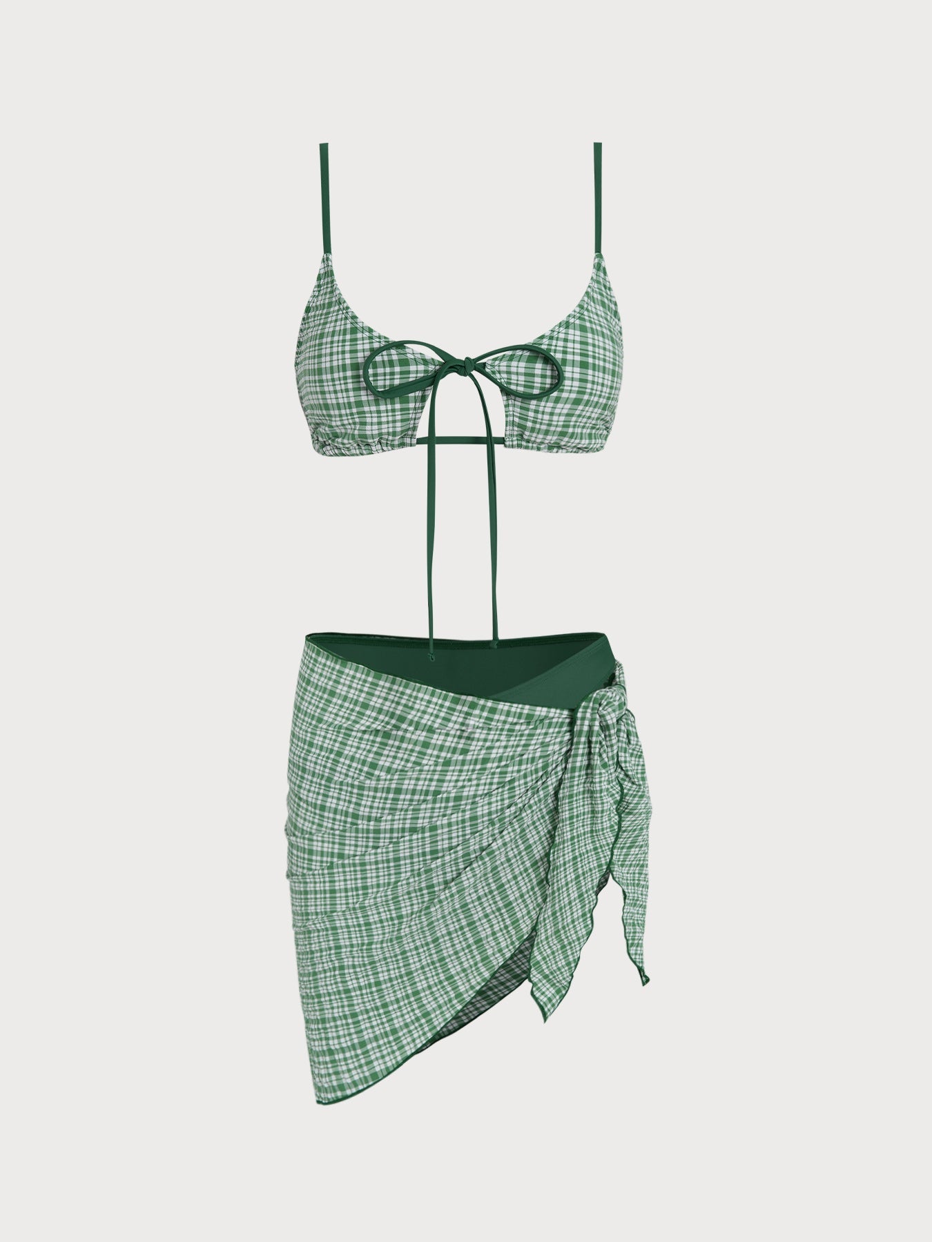 Set Bikini de Tres Piezas a Cuadros Verde con Amarre Frontal