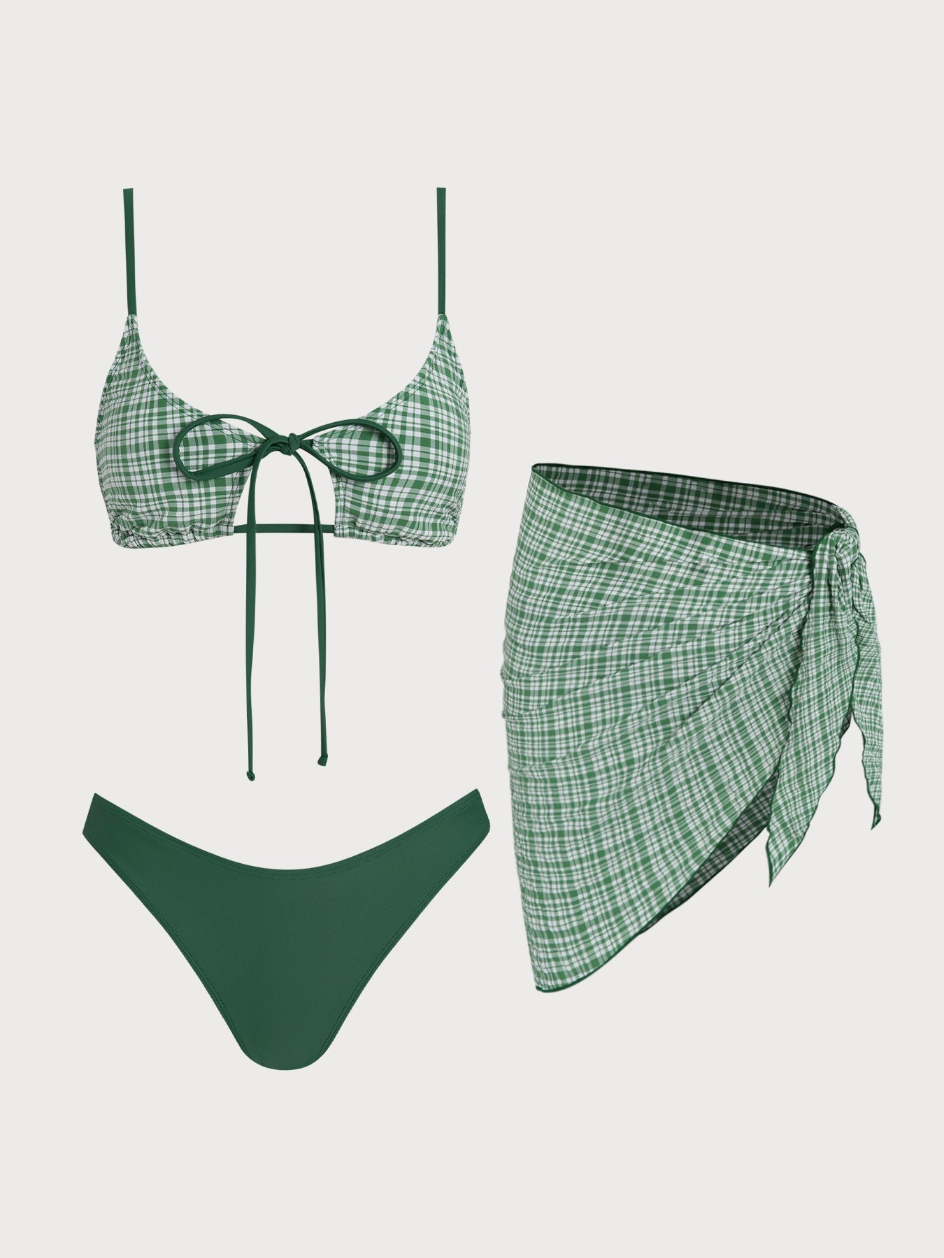 Set Bikini de Tres Piezas a Cuadros Verde con Amarre Frontal