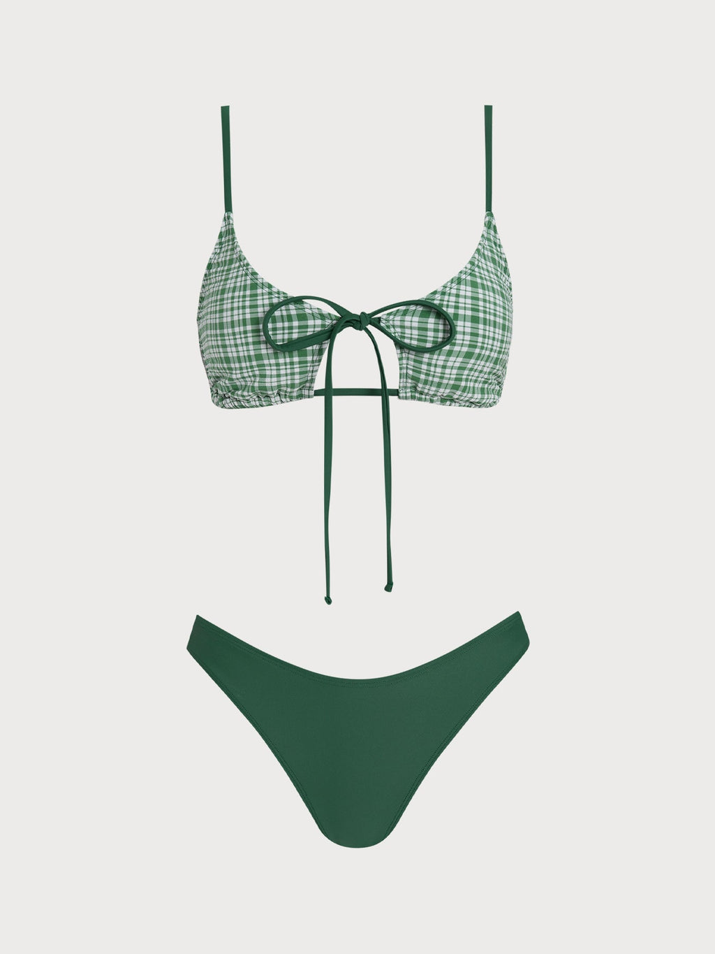 Set Bikini de Tres Piezas a Cuadros Verde con Amarre Frontal
