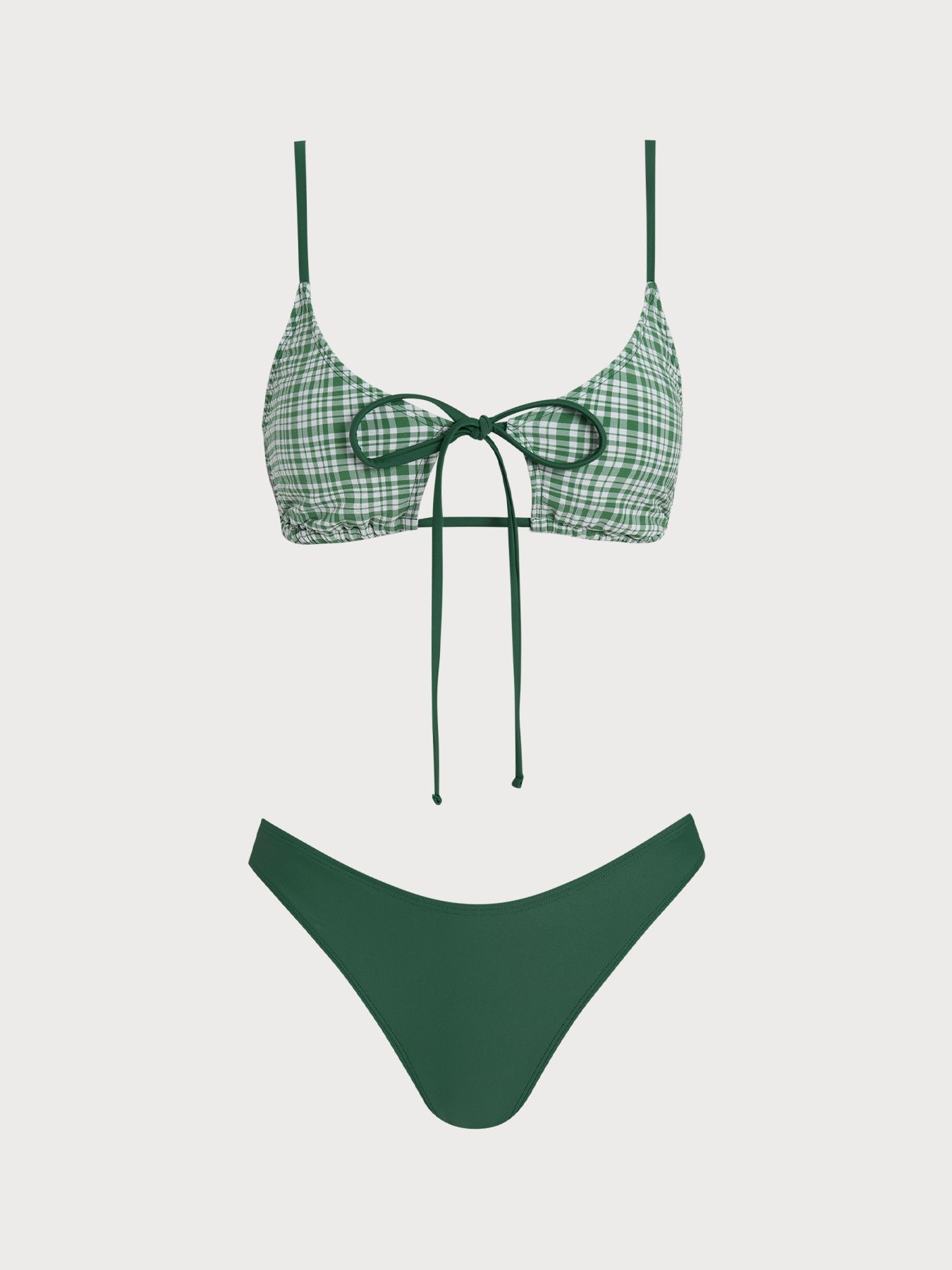 Set Bikini de Tres Piezas a Cuadros Verde con Amarre Frontal